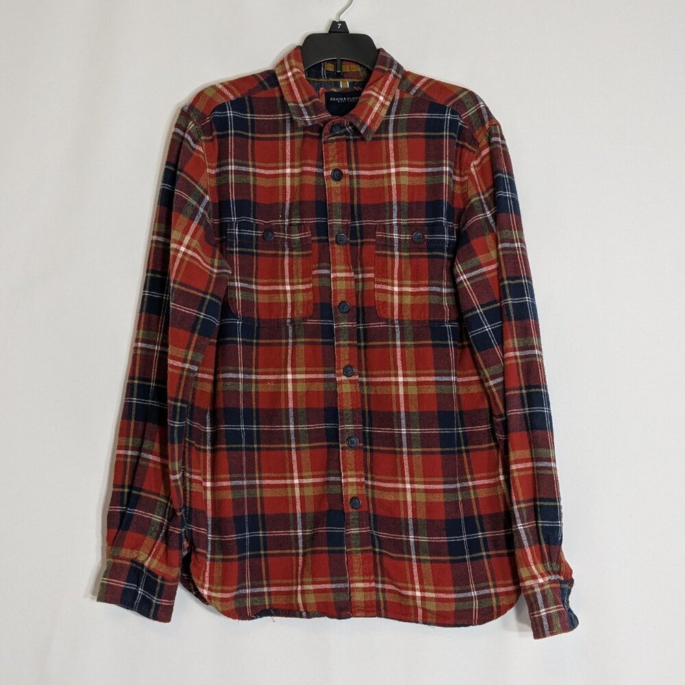 DENIM & FLOWER Ricky Singh Rust/Navy Plaid Flannel Button Shirt;  Men's Size M
